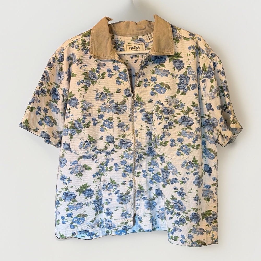 Krazy Kat 100% Cotton Vintage Waffle Zip Floral Short Sleeve Jacket Shirt Xl